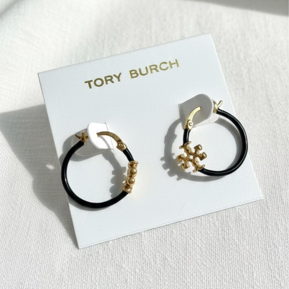 Tory Burch Black Enamel & Gold Logo Hoop Earrings